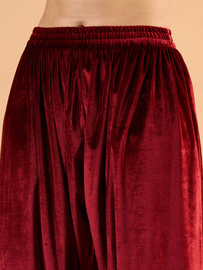 Maroon Velvet Embroidered Short Kurta With Farshi Salwar-Shae By SASSAFRAS