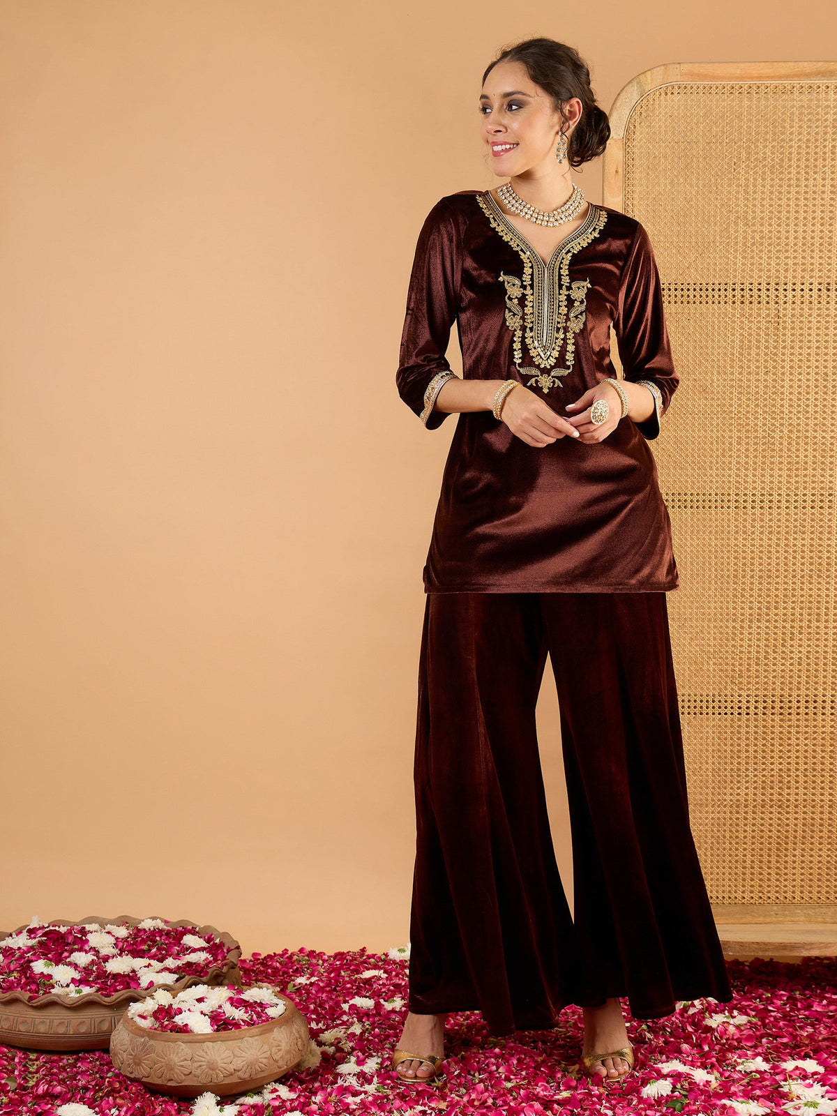 Brown Velvet Embroidered Short Kurta With Palazzo-Shae By SASSAFRAS