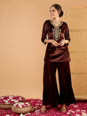 Brown Velvet Embroidered Short Kurta With Palazzo-Shae By SASSAFRAS
