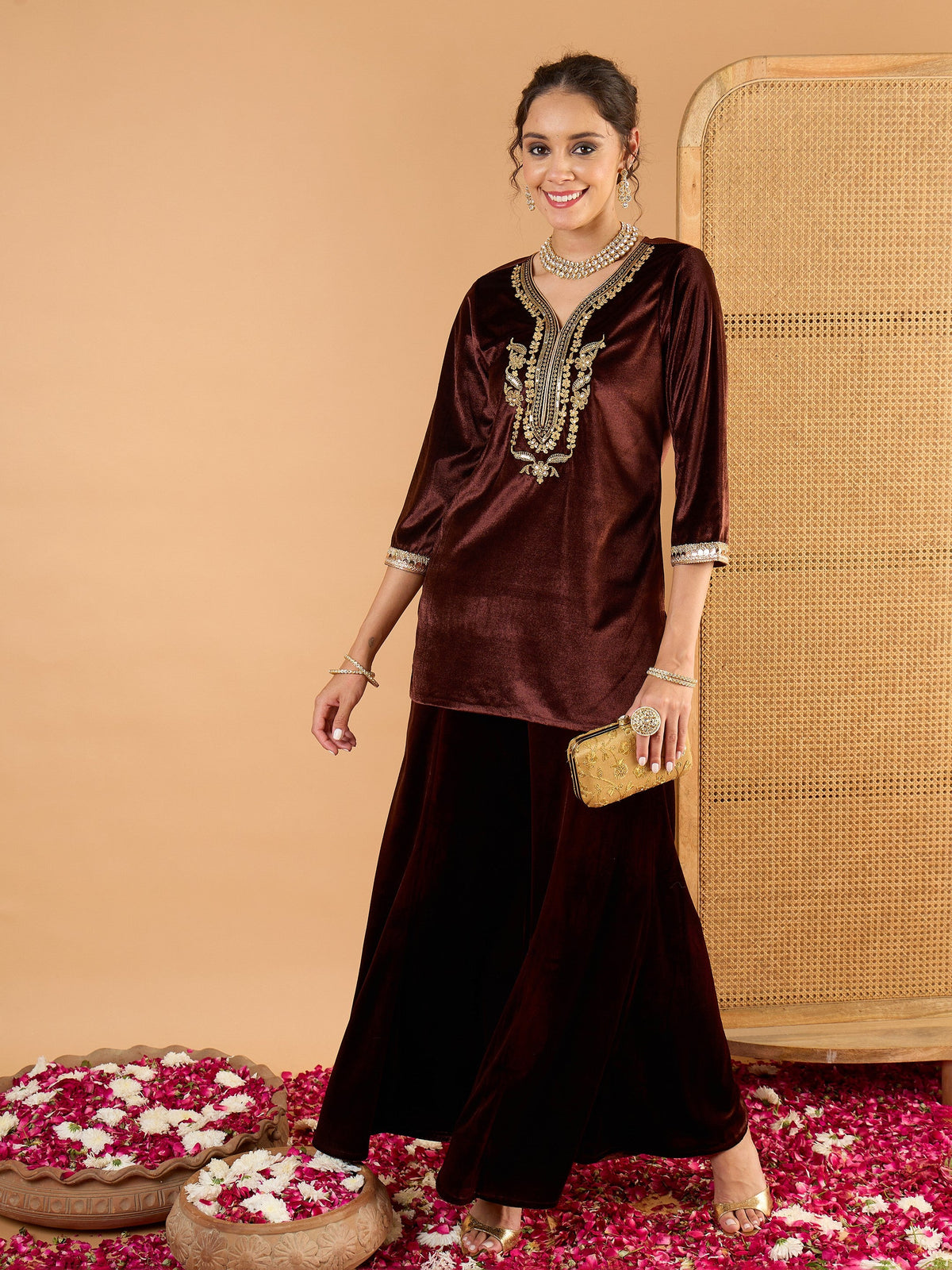 Brown Velvet Embroidered Short Kurta With Palazzo-Shae By SASSAFRAS