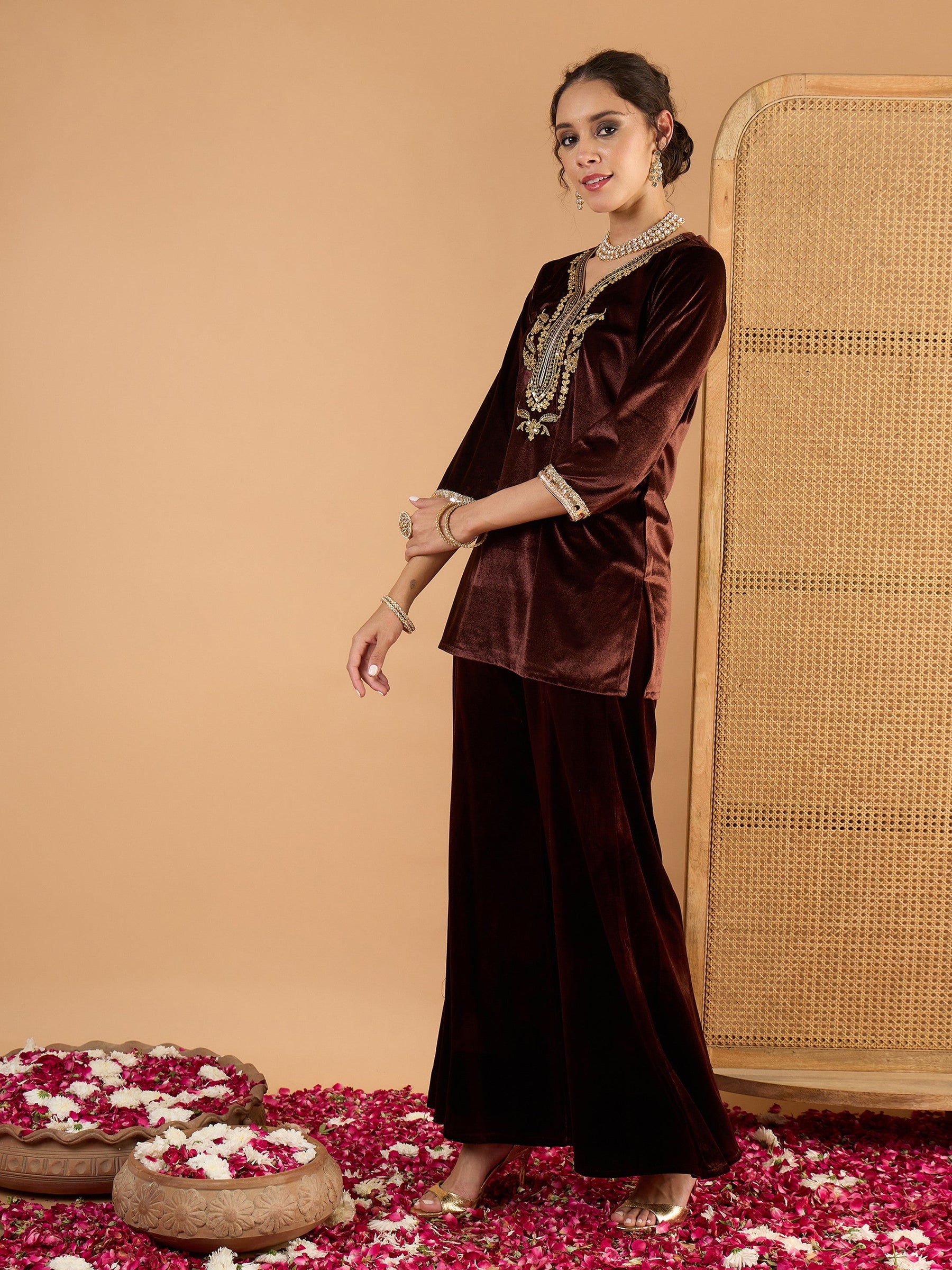 Brown Velvet Embroidered Short Kurta With Palazzo-Shae By SASSAFRAS