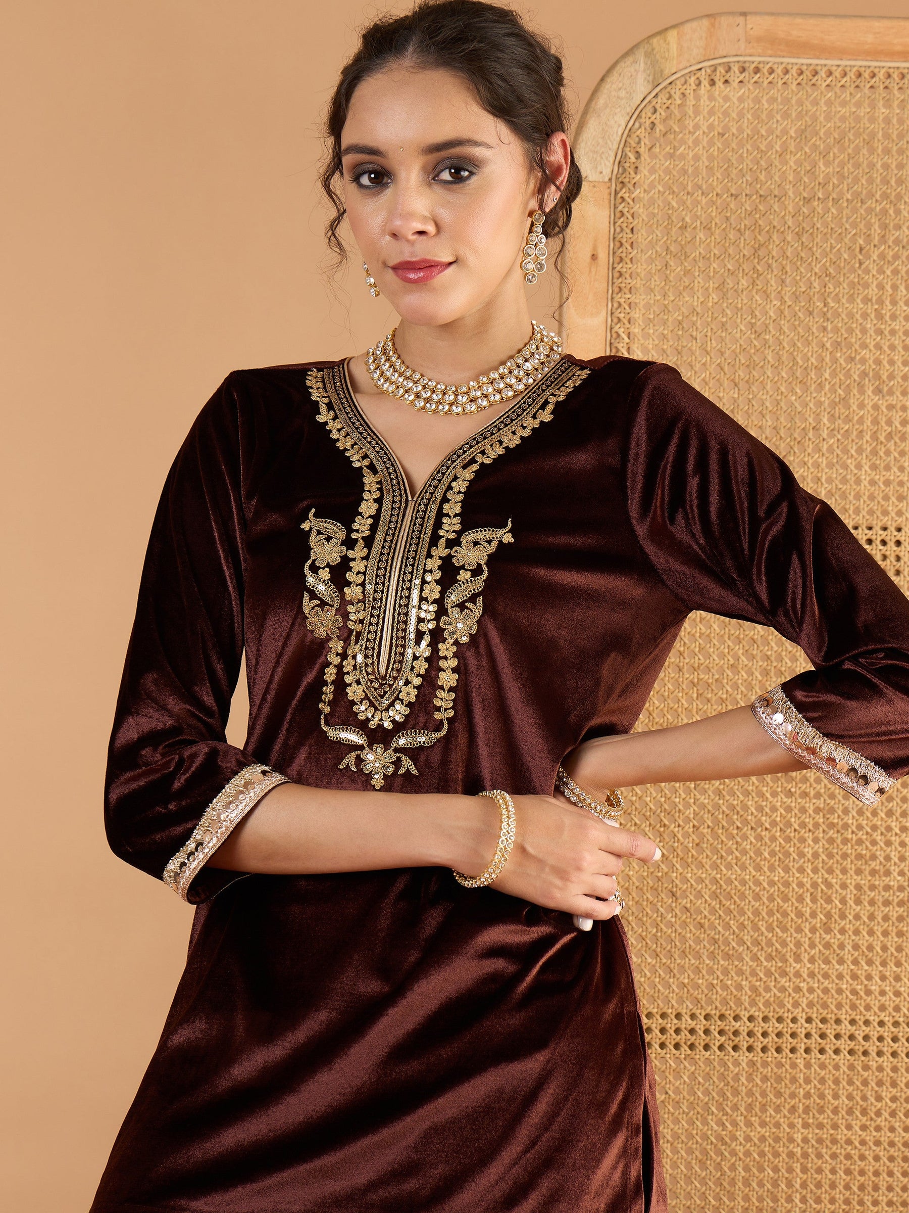 Brown Velvet Embroidered Short Kurta With Palazzo-Shae By SASSAFRAS