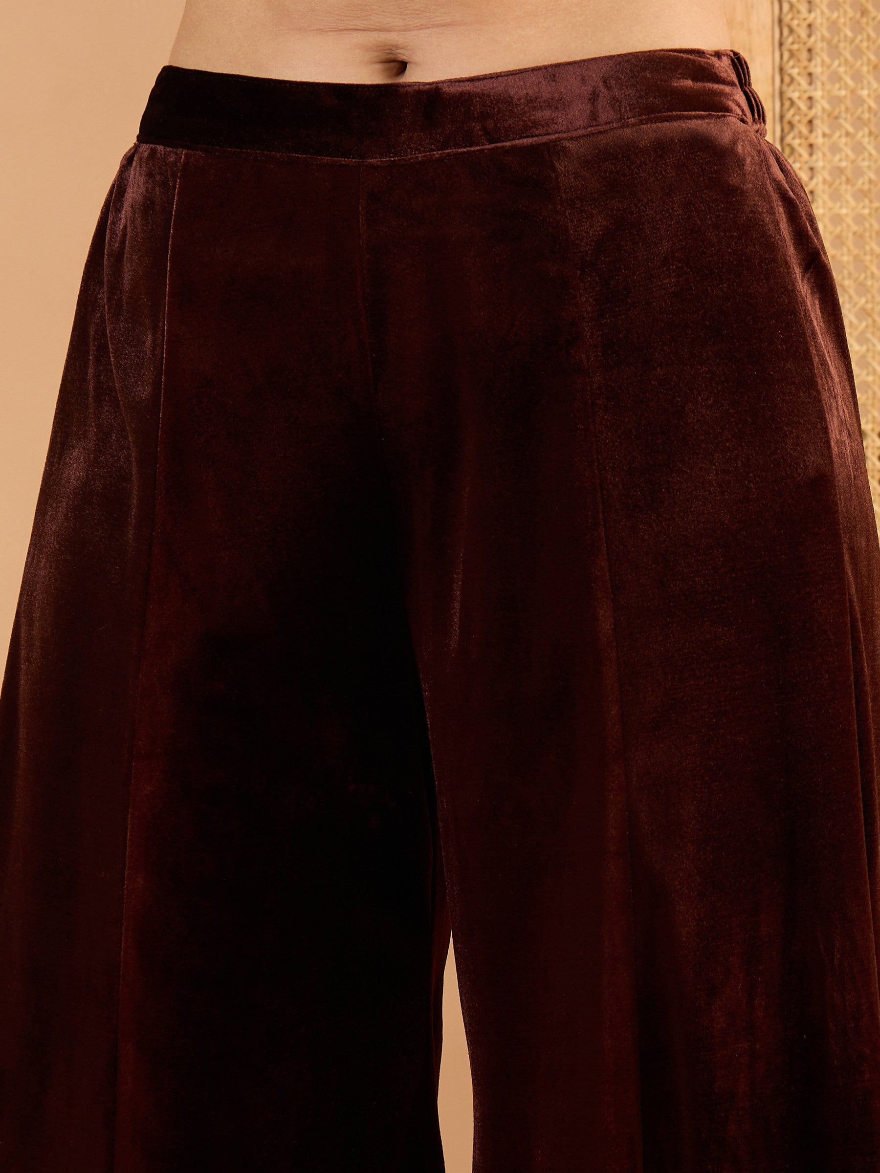 Brown Velvet Embroidered Short Kurta With Palazzo-Shae By SASSAFRAS