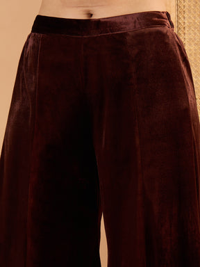 Brown Velvet Embroidered Short Kurta With Palazzo-Shae By SASSAFRAS