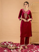 Fuchsia Velvet Embroidered Kurta With Straight Pants -Shae By SASSAFRAS