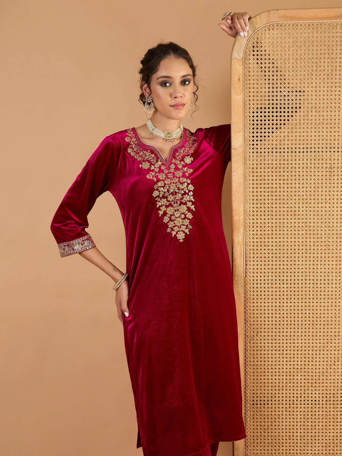 Fuchsia Velvet Embroidered Kurta With Straight Pants -Shae By SASSAFRAS