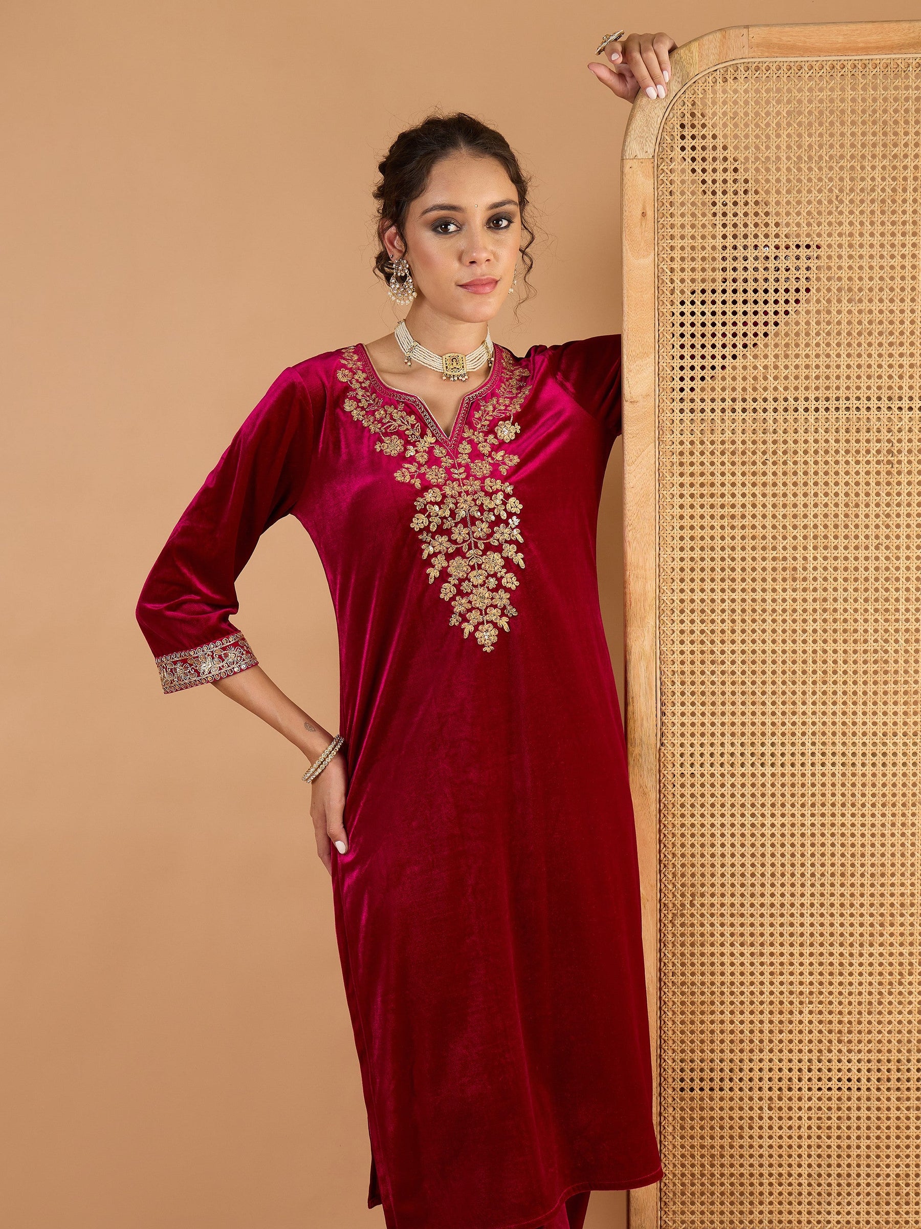 Fuchsia Velvet Embroidered Kurta With Straight Pants -Shae By SASSAFRAS
