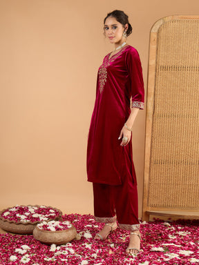 Fuchsia Velvet Embroidered Kurta With Straight Pants -Shae By SASSAFRAS