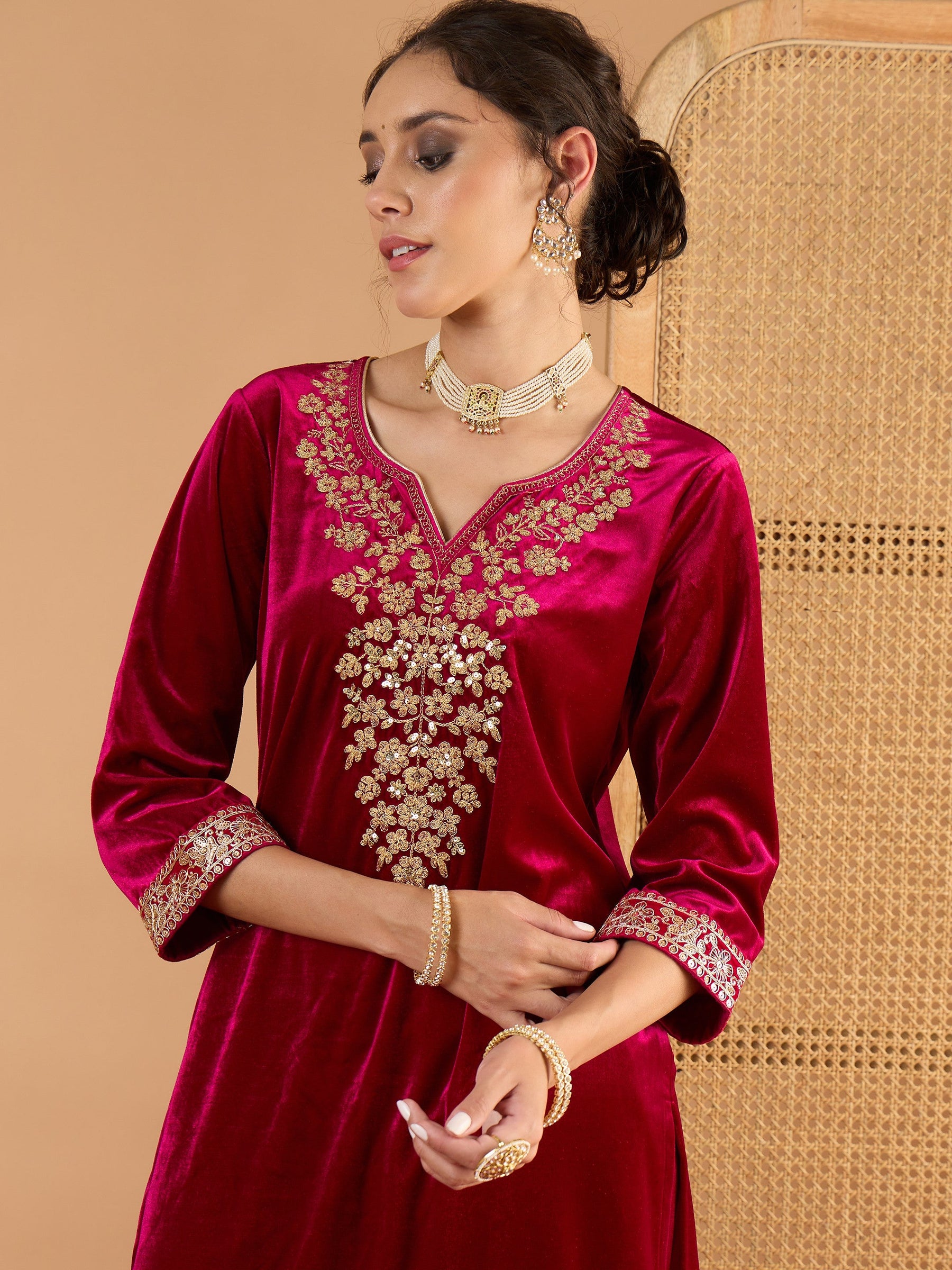 Fuchsia Velvet Embroidered Kurta With Straight Pants -Shae By SASSAFRAS