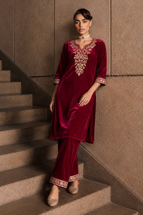 Fuchsia Velvet Embroidered Kurta With Straight Pants -Shae by SASSAFRAS