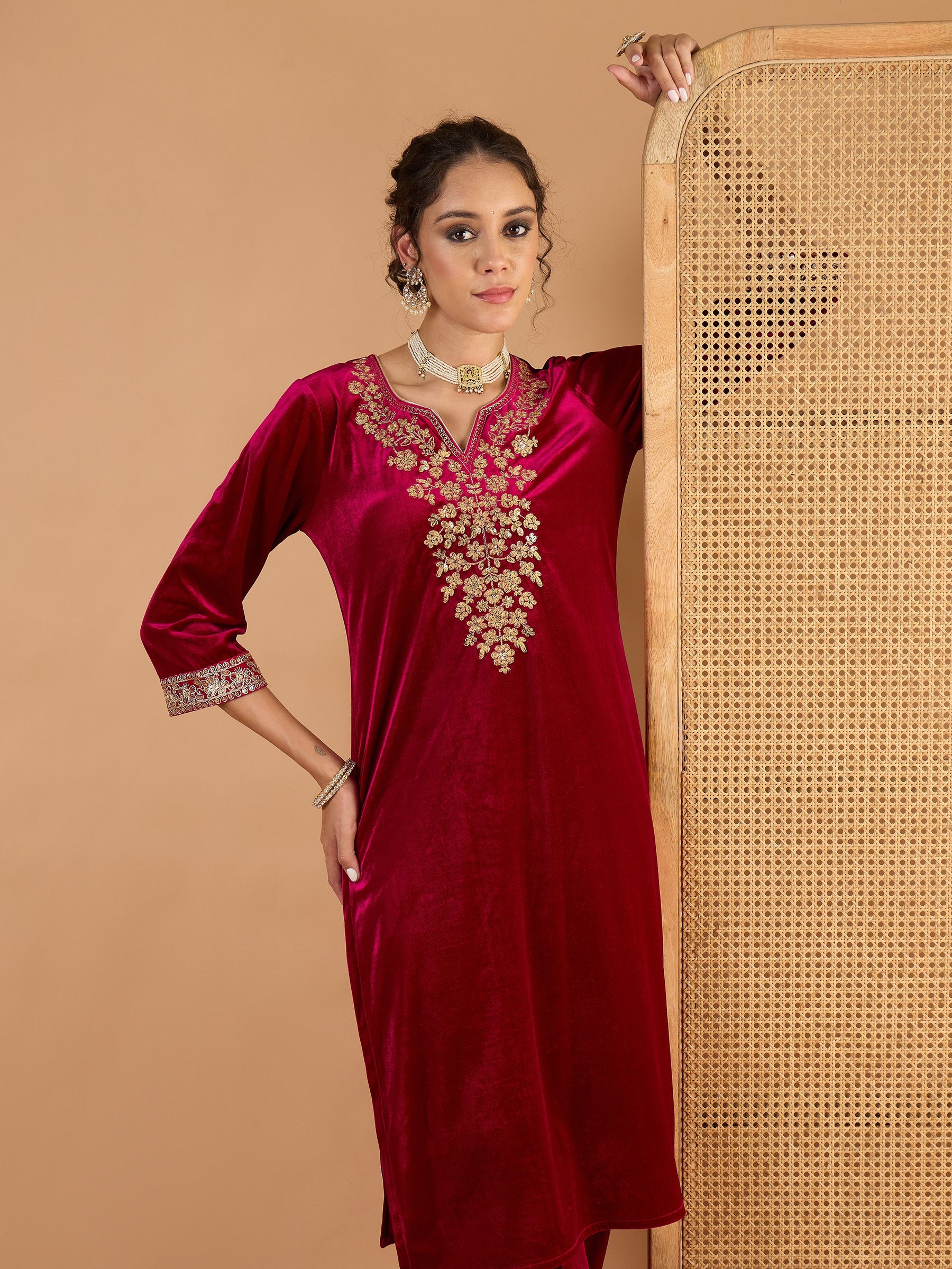 Fuchsia Velvet Embroidered Kurta With Straight Pants -Shae by SASSAFRAS
