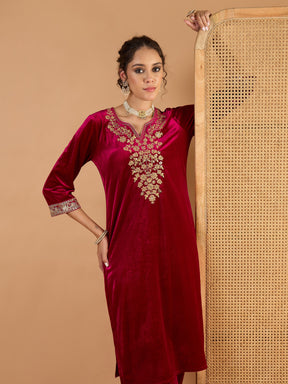 Fuchsia Velvet Embroidered Kurta With Straight Pants -Shae by SASSAFRAS