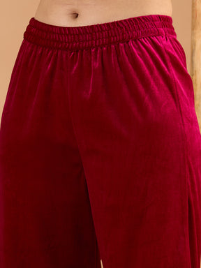 Fuchsia Velvet Embroidered Kurta With Straight Pants -Shae by SASSAFRAS