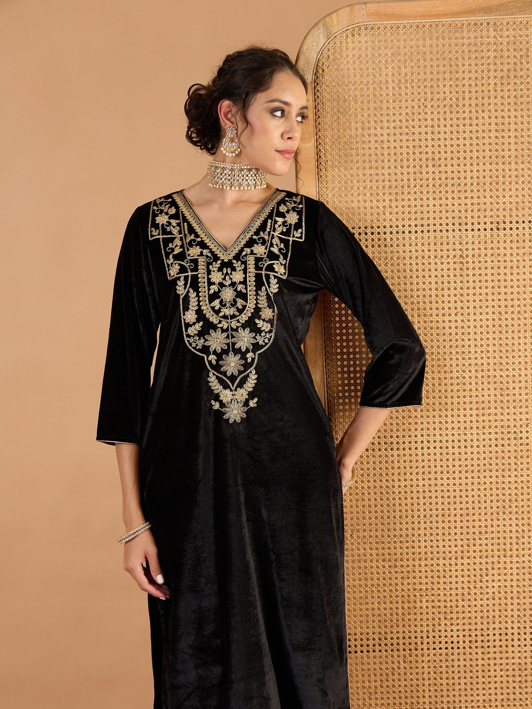 Black Velvet Embroidered Straight Kurta With Straight Pants -Shae By SASSAFRAS