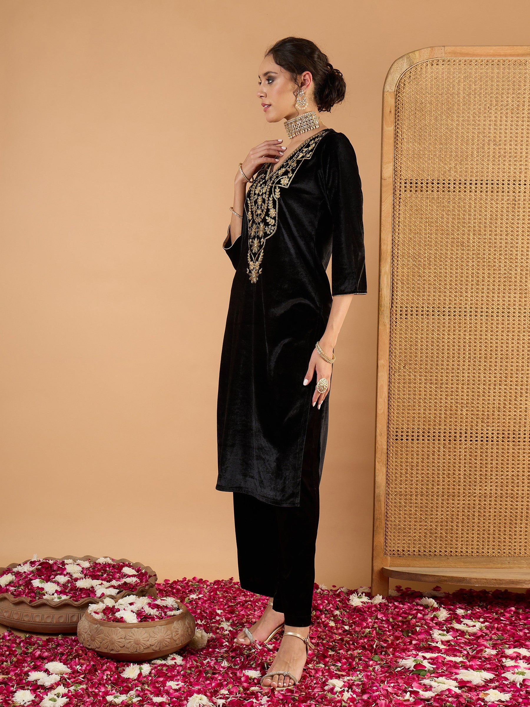 Black Velvet Embroidered Straight Kurta With Straight Pants -Shae By SASSAFRAS
