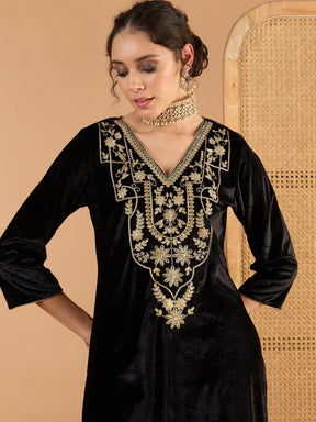 Black Velvet Embroidered Straight Kurta With Straight Pants -Shae By SASSAFRAS