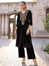 Black Velvet Embroidered Straight Kurta With Straight Pants -Shae by SASSAFRAS