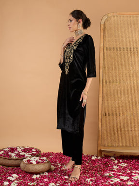 Black Velvet Embroidered Straight Kurta With Straight Pants -Shae by SASSAFRAS