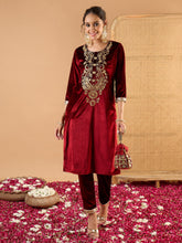 Maroon Velvet Embroidered Round Neck Kurta With Pencil Pants -Shae By SASSAFRAS