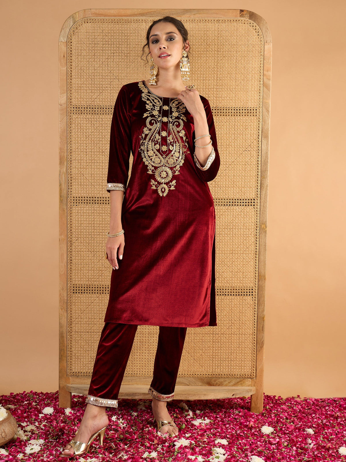 Maroon Velvet Embroidered Round Neck Kurta With Pencil Pants -Shae By SASSAFRAS