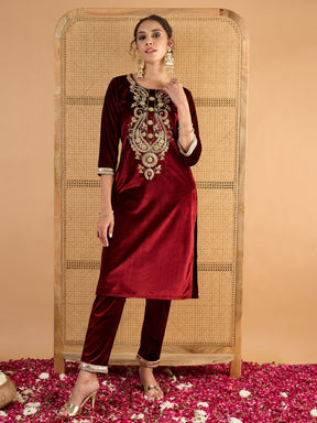 Maroon Velvet Embroidered Round Neck Kurta With Pencil Pants -Shae By SASSAFRAS