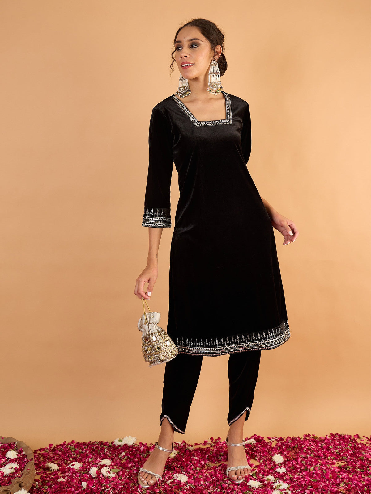 Black Velvet Embroidered Kurta With Tulip Pants -Shae by SASSAFRAS