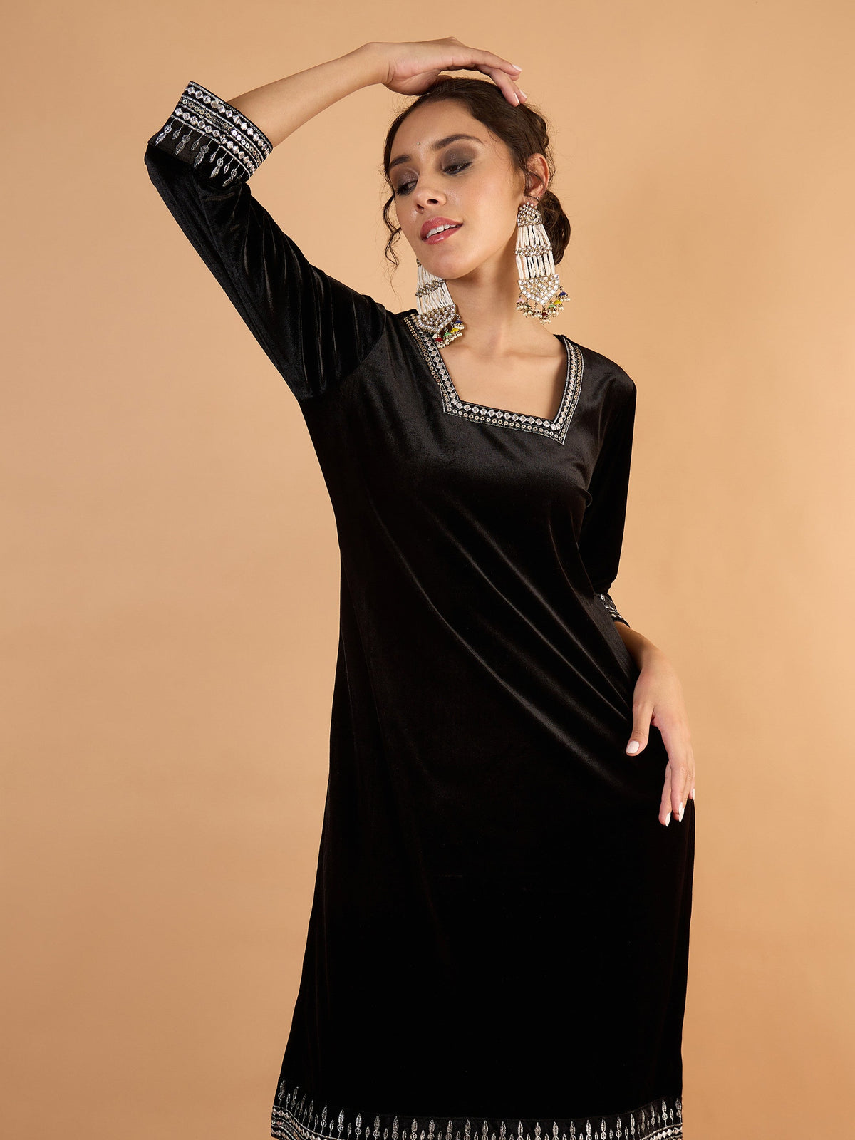 Black Velvet Embroidered Kurta With Tulip Pants -Shae by SASSAFRAS