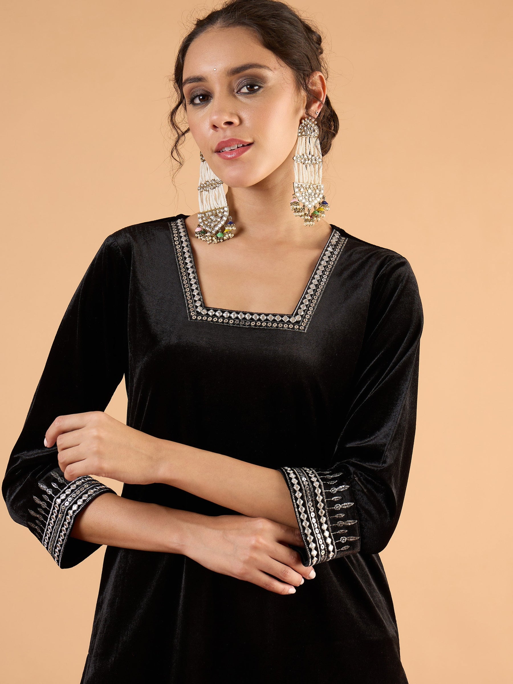 Black Velvet Embroidered Kurta With Tulip Pants -Shae by SASSAFRAS
