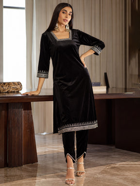 Black Velvet Embroidered Kurta With Tulip Pants -Shae by SASSAFRAS