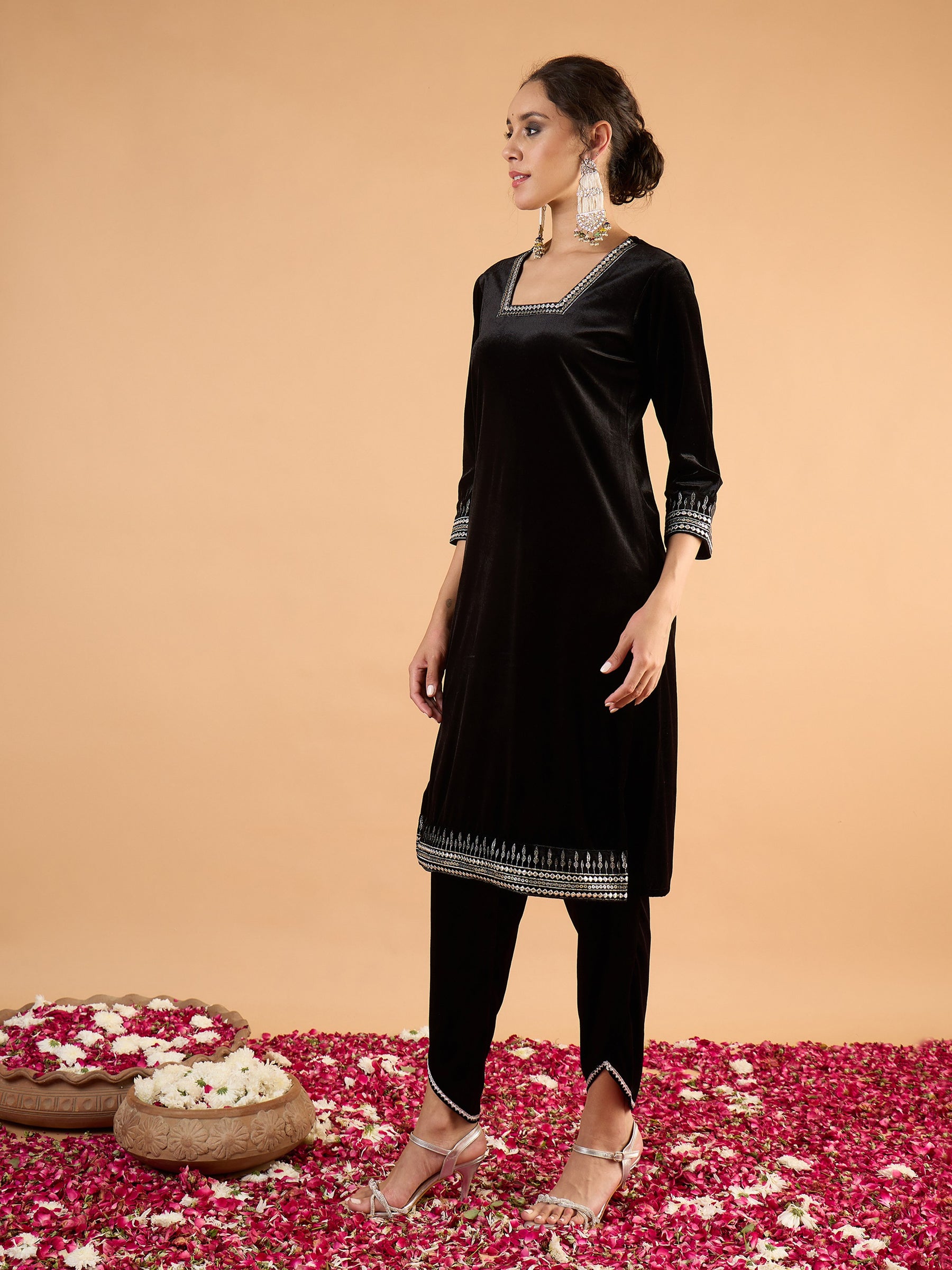 Black Velvet Embroidered Kurta With Tulip Pants -Shae by SASSAFRAS