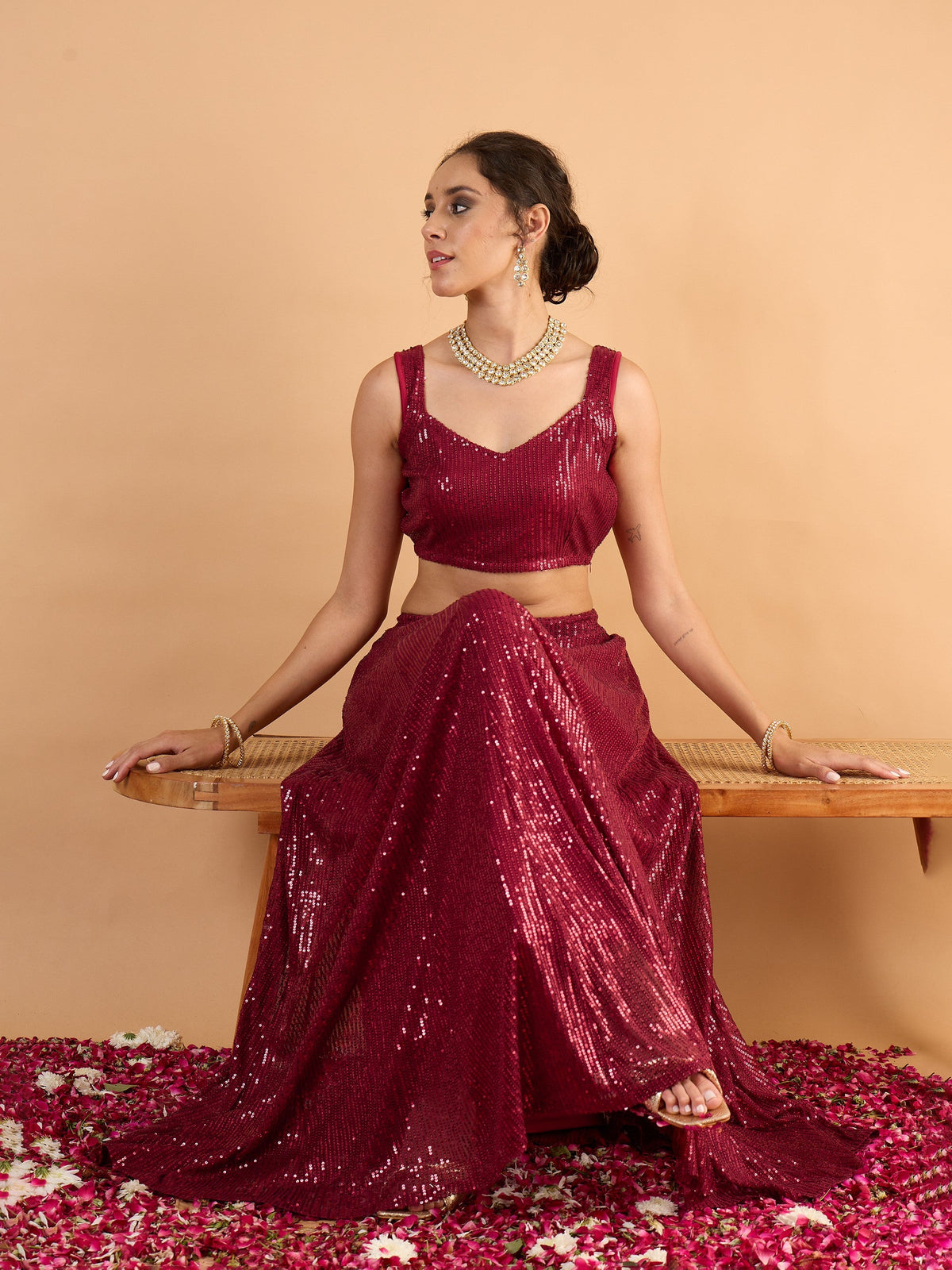 Maroon Sequence Sleeveless Crop Top With Anarkali Skirt-Shae By SASSAFRAS