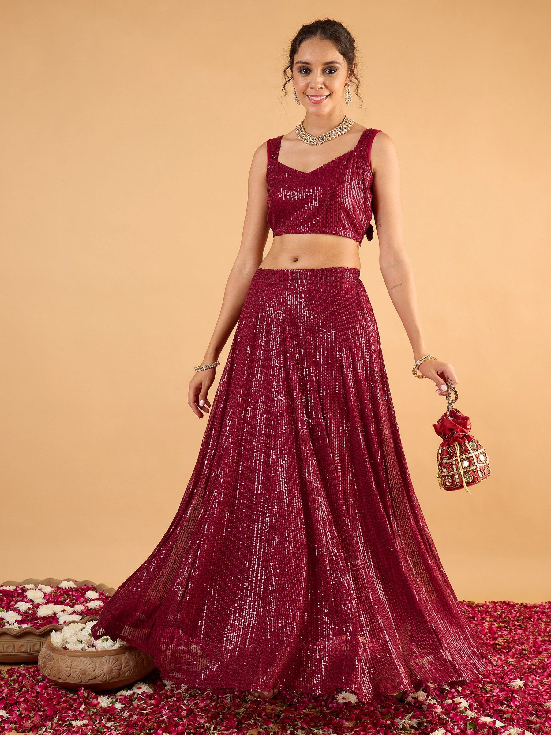 Maroon Sequence Sleeveless Crop Top With Anarkali Skirt-Shae By SASSAFRAS