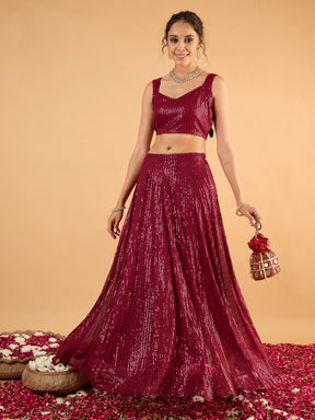 Maroon Sequence Sleeveless Crop Top With Anarkali Skirt-Shae By SASSAFRAS