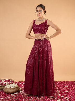 Maroon Sequence Sleeveless Crop Top With Anarkali Skirt-Shae By SASSAFRAS