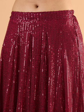 Maroon Sequence Sleeveless Crop Top With Anarkali Skirt-Shae By SASSAFRAS