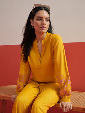 Yellow Sleeves Embroidered Shirt With Pants-Shae by SASSAFRAS