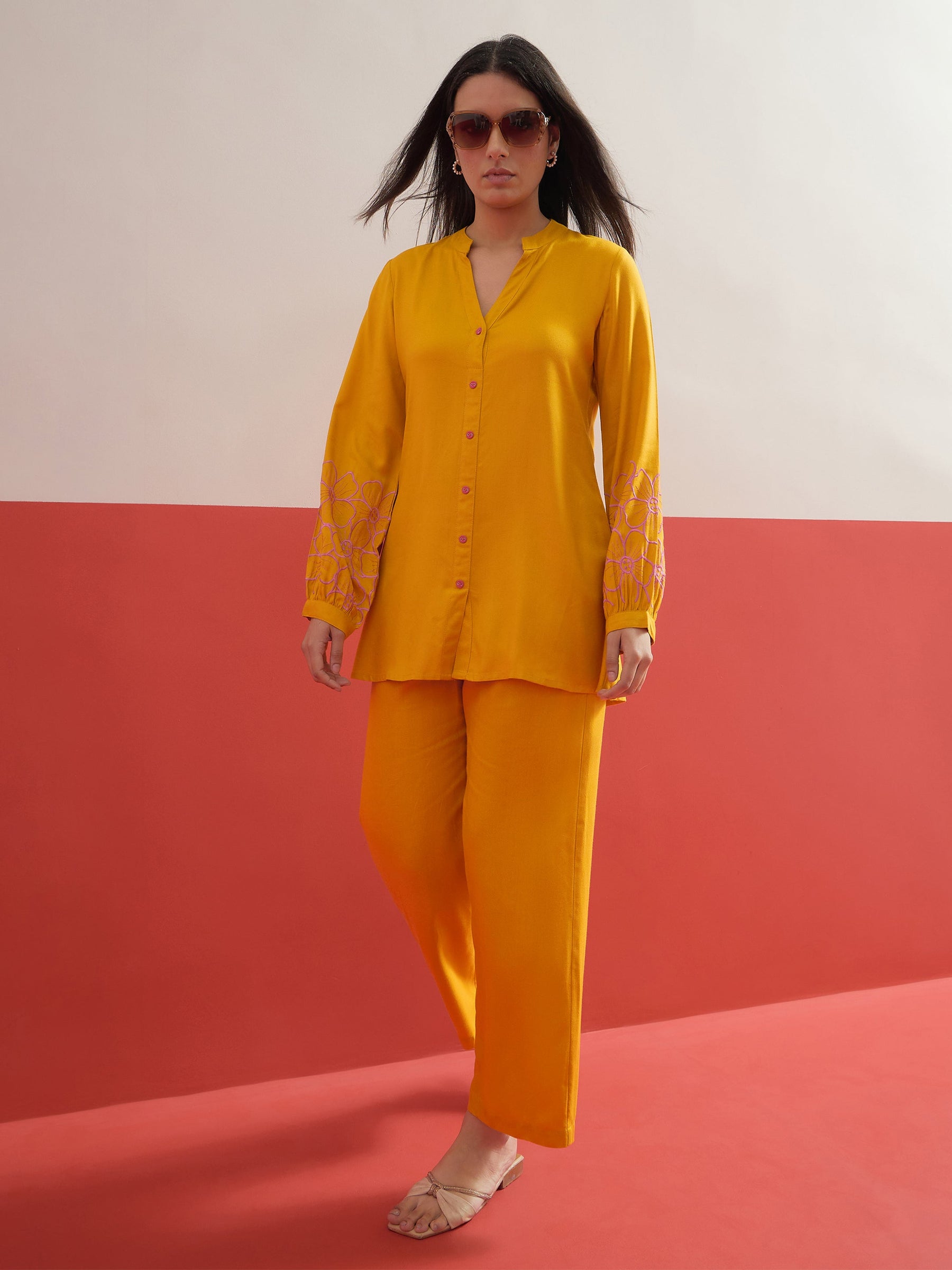 Yellow Sleeves Embroidered Shirt With Pants-Shae by SASSAFRAS