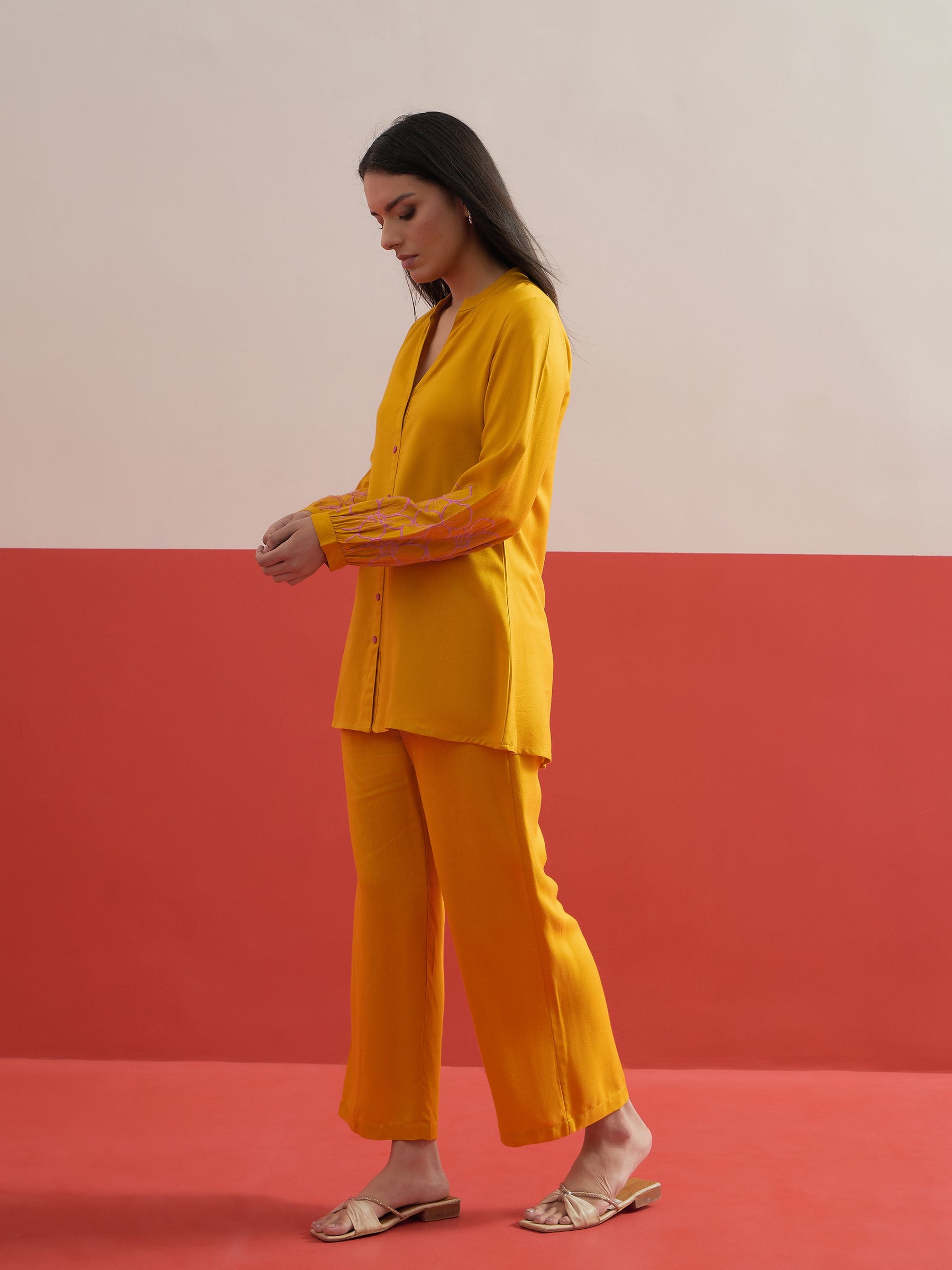 Yellow Sleeves Embroidered Shirt With Pants-Shae by SASSAFRAS