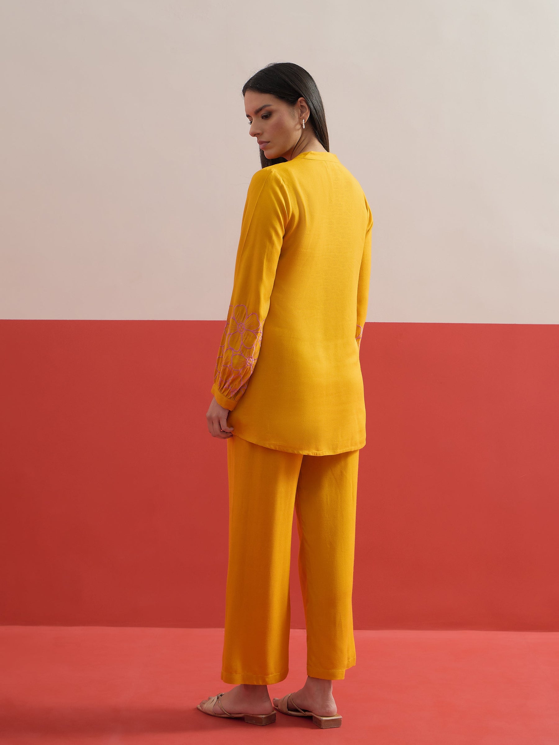 Yellow Sleeves Embroidered Shirt With Pants-Shae by SASSAFRAS
