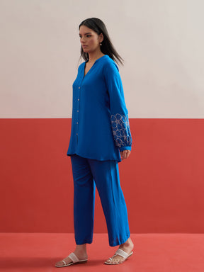 Cobalt Blue Sleeves Embroidered Shirt With Pants-Shae by SASSAFRAS