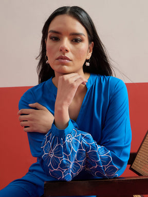 Cobalt Blue Sleeves Embroidered Shirt With Pants-Shae by SASSAFRAS