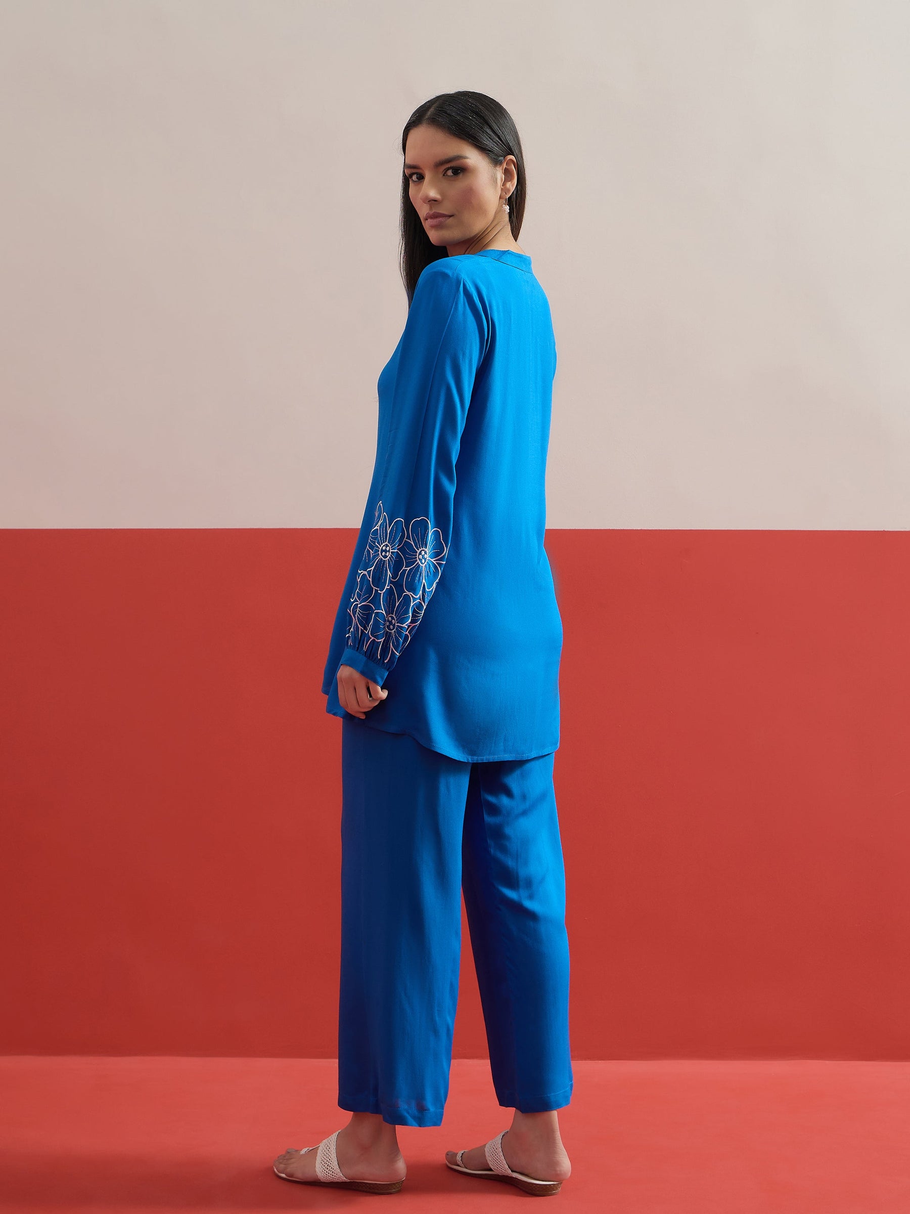 Cobalt Blue Sleeves Embroidered Shirt With Pants-Shae by SASSAFRAS