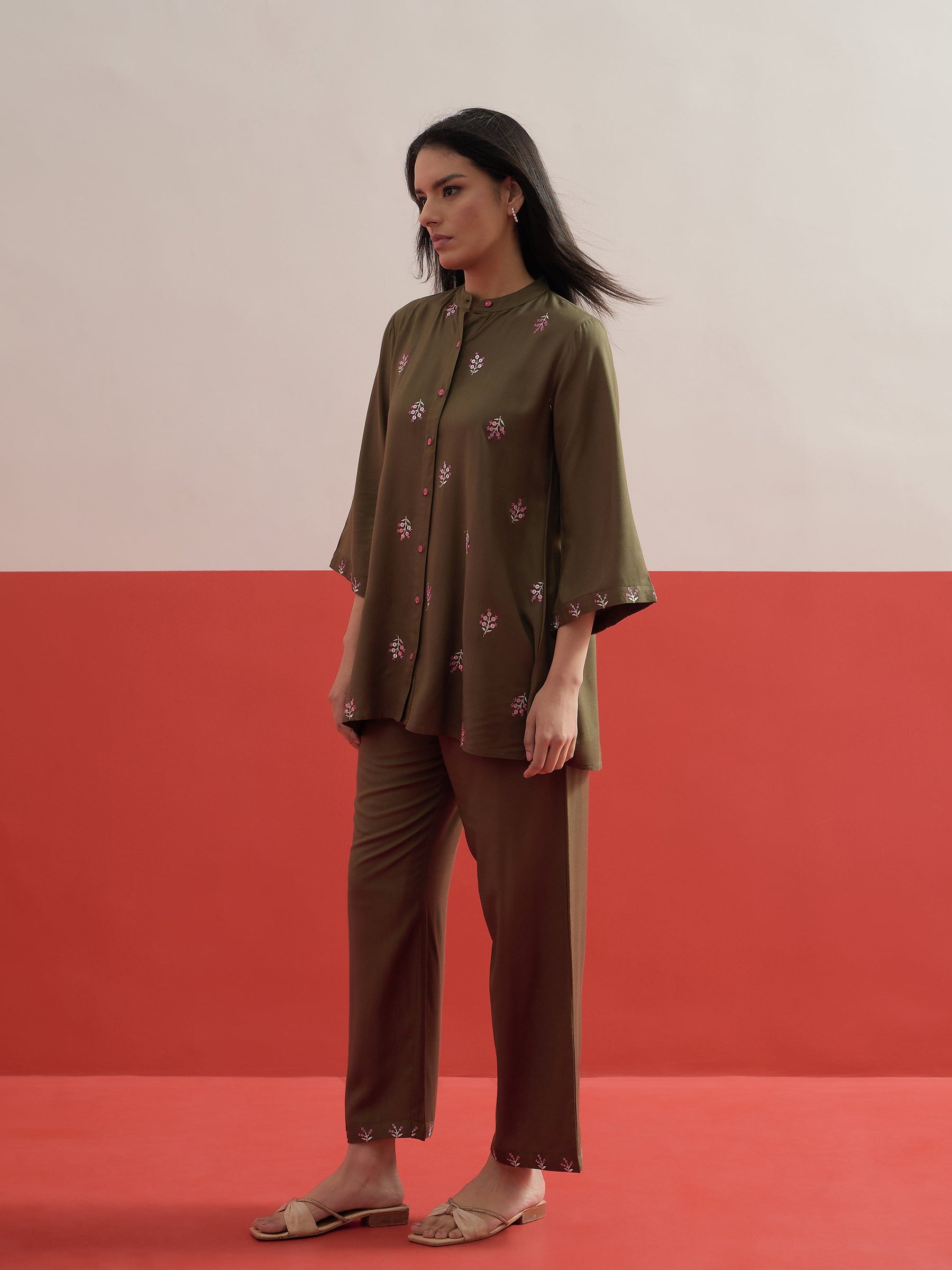 Olive All Over Embroidered Shirt With Palazzos-Shae by SASSAFRAS