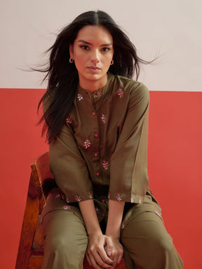 Olive All Over Embroidered Shirt With Palazzos-Shae by SASSAFRAS