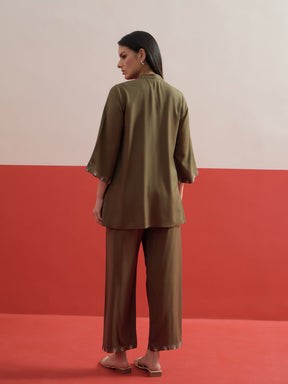 Olive All Over Embroidered Shirt With Palazzos-Shae by SASSAFRAS