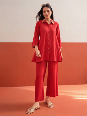 Red Zari Embroidered Shirt Collar Top With Palazzos-Shae by SASSAFRAS