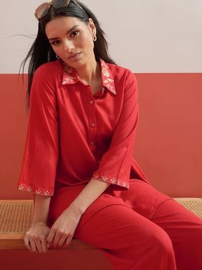 Red Zari Embroidered Shirt Collar Top With Palazzos-Shae by SASSAFRAS