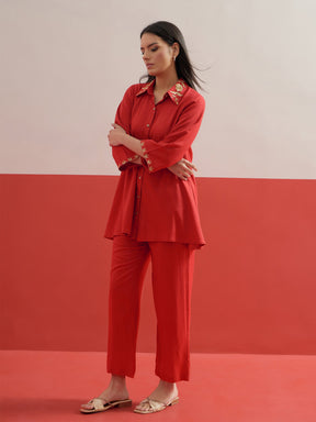 Red Zari Embroidered Shirt Collar Top With Palazzos-Shae by SASSAFRAS