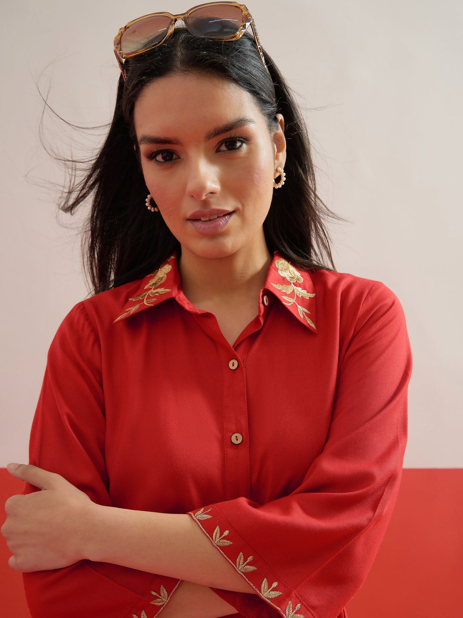 Red Zari Embroidered Shirt Collar Top With Palazzos-Shae by SASSAFRAS