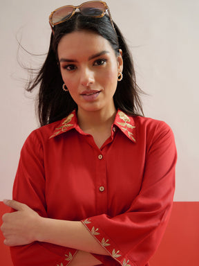 Red Zari Embroidered Shirt Collar Top With Palazzos-Shae by SASSAFRAS